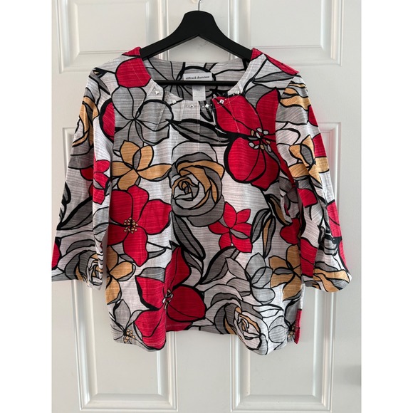 Alfred Dunner Tops - Alfred Dunner Petite PM Floral 3/4 Sleeve Embellished Neckline Top Red Grey PM